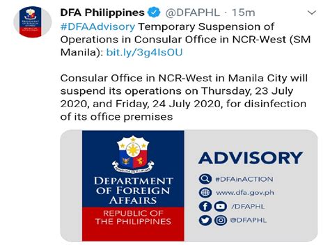 DFA reschedules NCR West Consular Office June 30 appointments.